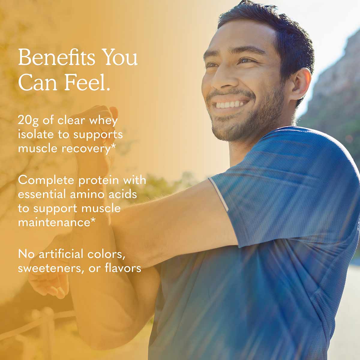 Man in blue athletic shirt smiling outdoors with product benefits text overlay.
