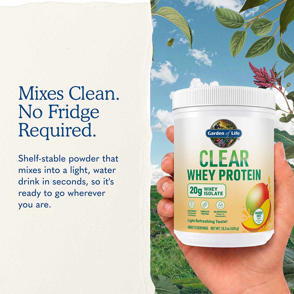 White container of Garden of Life Clear Whey Protein with mango flavor label held in hand against nature background.