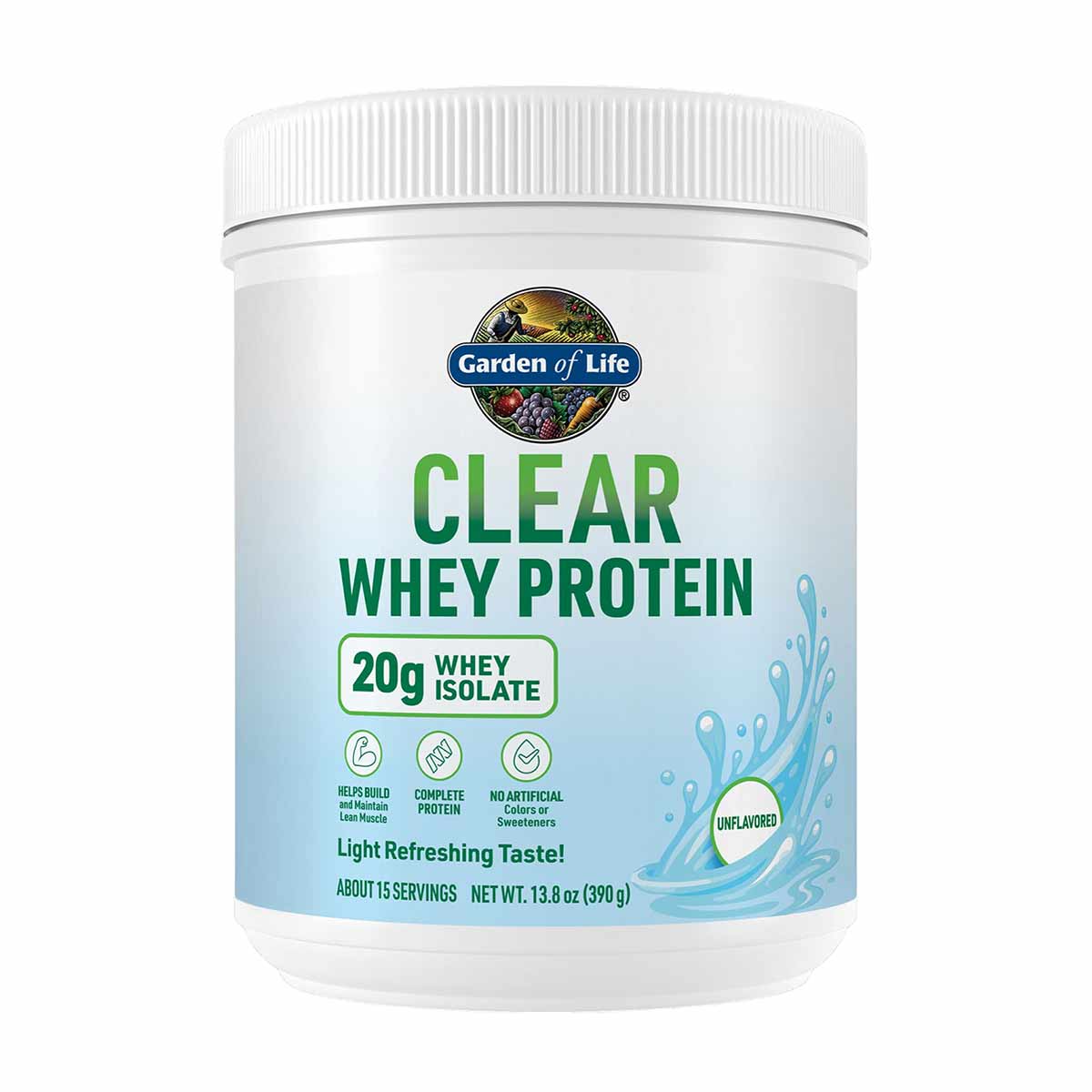 White container of Garden of Life Clear Whey Protein with green text, 20g whey isolate, unflavored, 13.8 oz net weight.