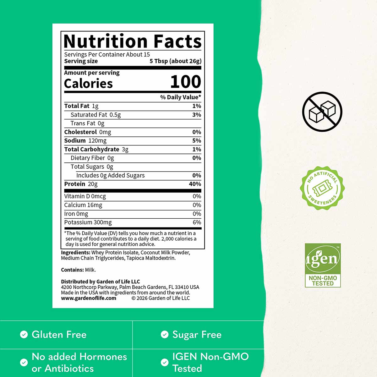 Nutrition Facts label for Clear Whey Protein showing 100 calories, 20g protein per serving, with gluten-free and non-GMO cert