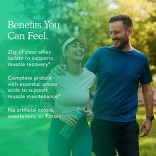 Two people jogging outdoors with product information text overlaid on green background.