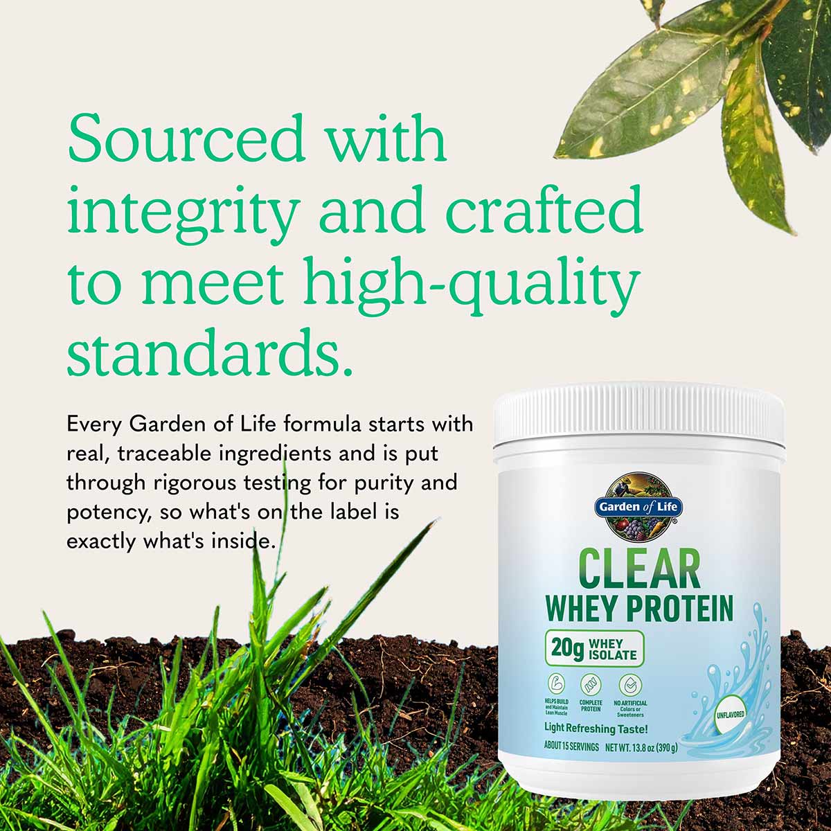 Garden of Life Clear Whey Protein powder in white container with green label, 20g whey isolate, displayed with soil and grass