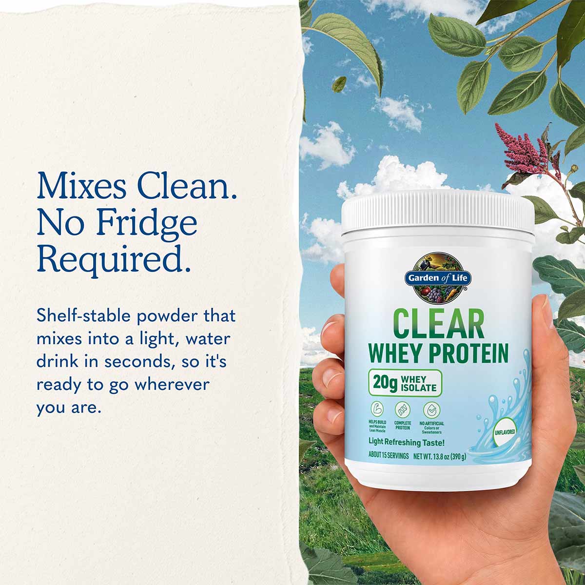 White container of Garden of Life Clear Whey Protein powder held in hand against nature background.
