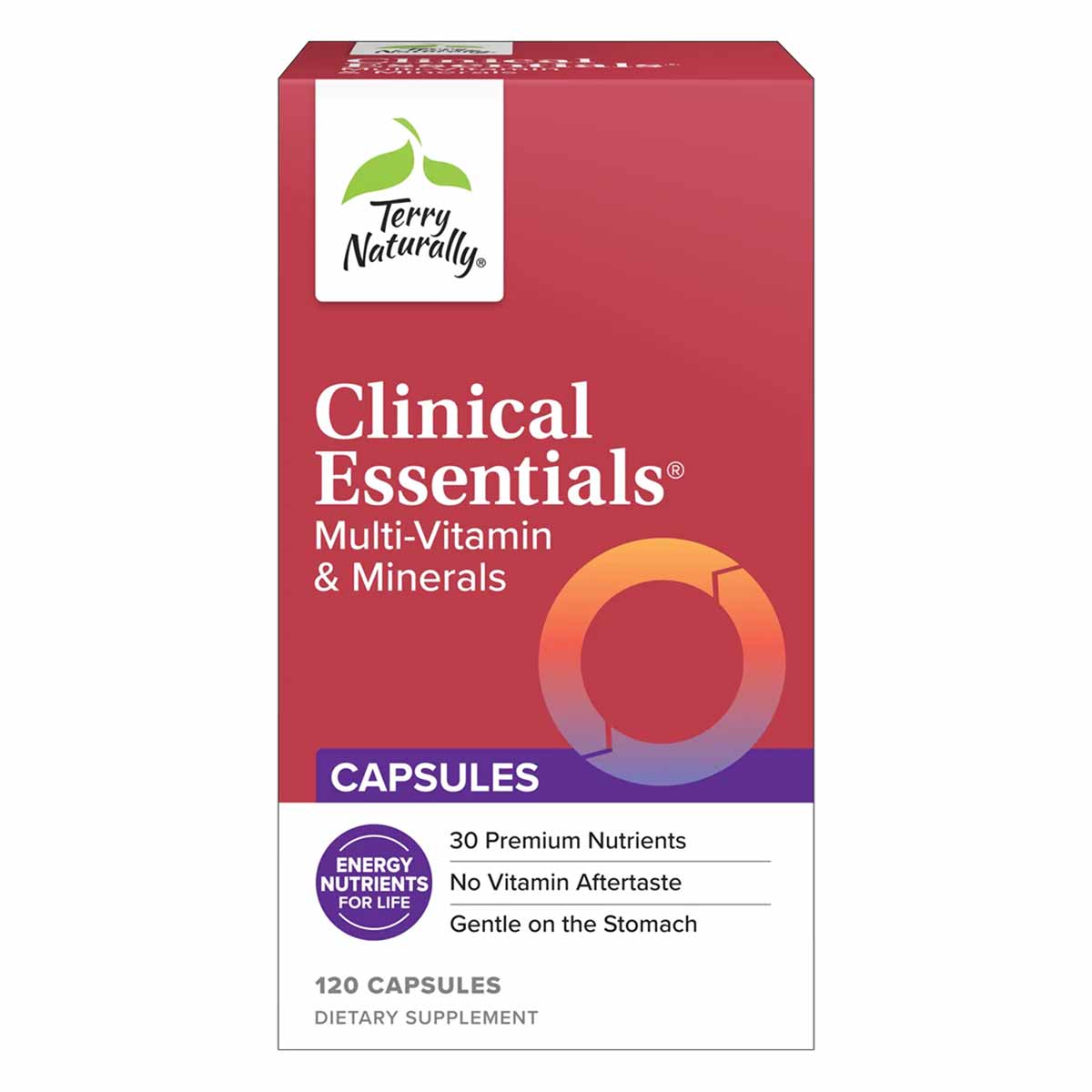 Red and purple bottle of Terry Naturally Clinical Essentials Multi-Vitamin & Minerals capsules containing 120 capsules.