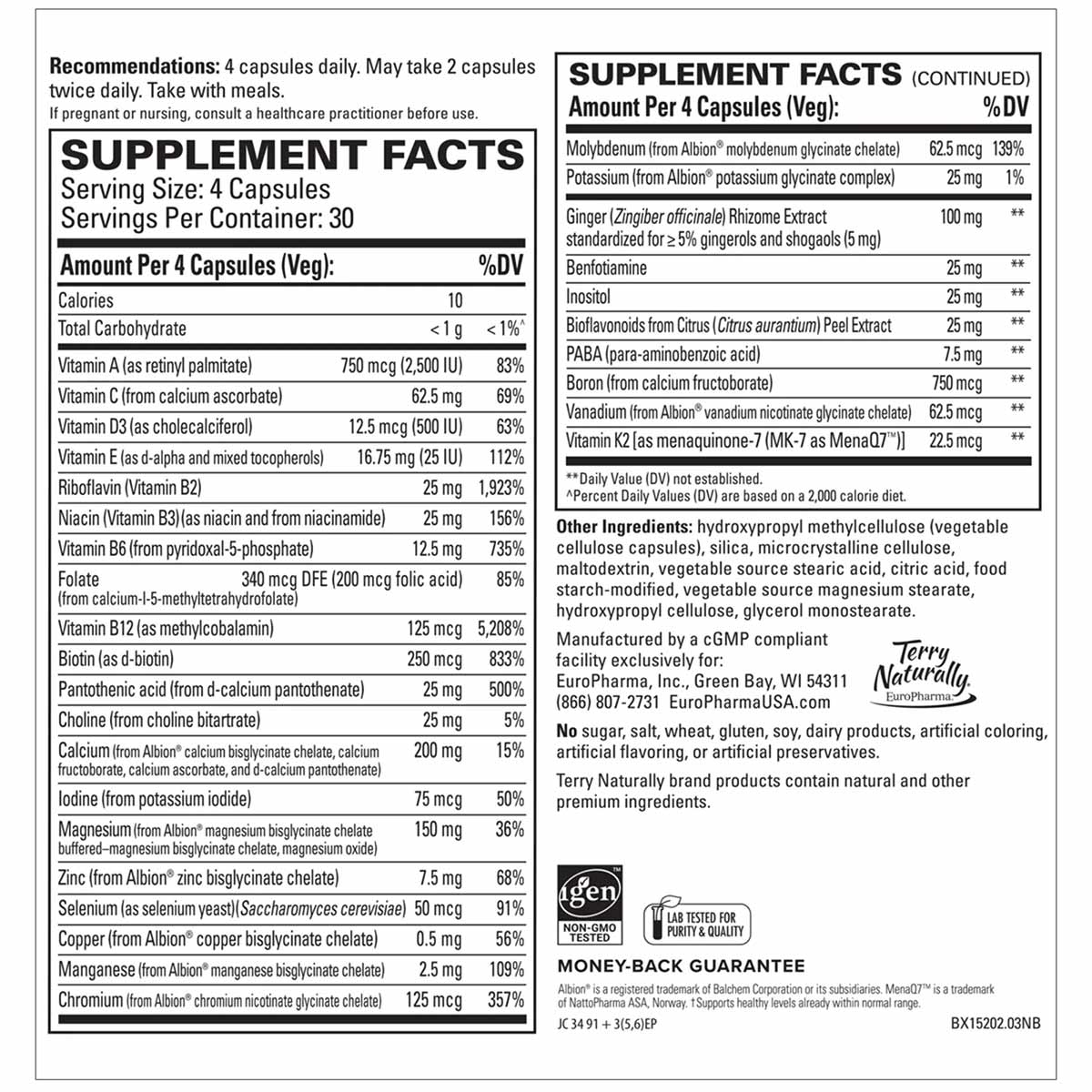 Terry Naturally Clinical Essentials Multi-Vitamin & Minerals supplement bottle label showing serving size of 4 capsules daily