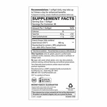Supplement facts label for French grape seed extract softgels showing 400 mg per serving with usage recommendations and ingre