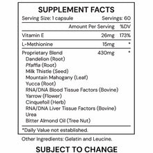 Supplement Facts label for CLNZ Chelator capsules listing Vitamin E, L-Methionine, and proprietary blend ingredients.