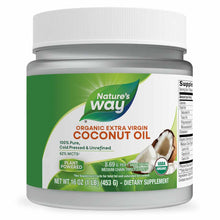 Jar of Nature's Way organic extra virgin coconut oil with white lid and green label featuring coconut imagery.