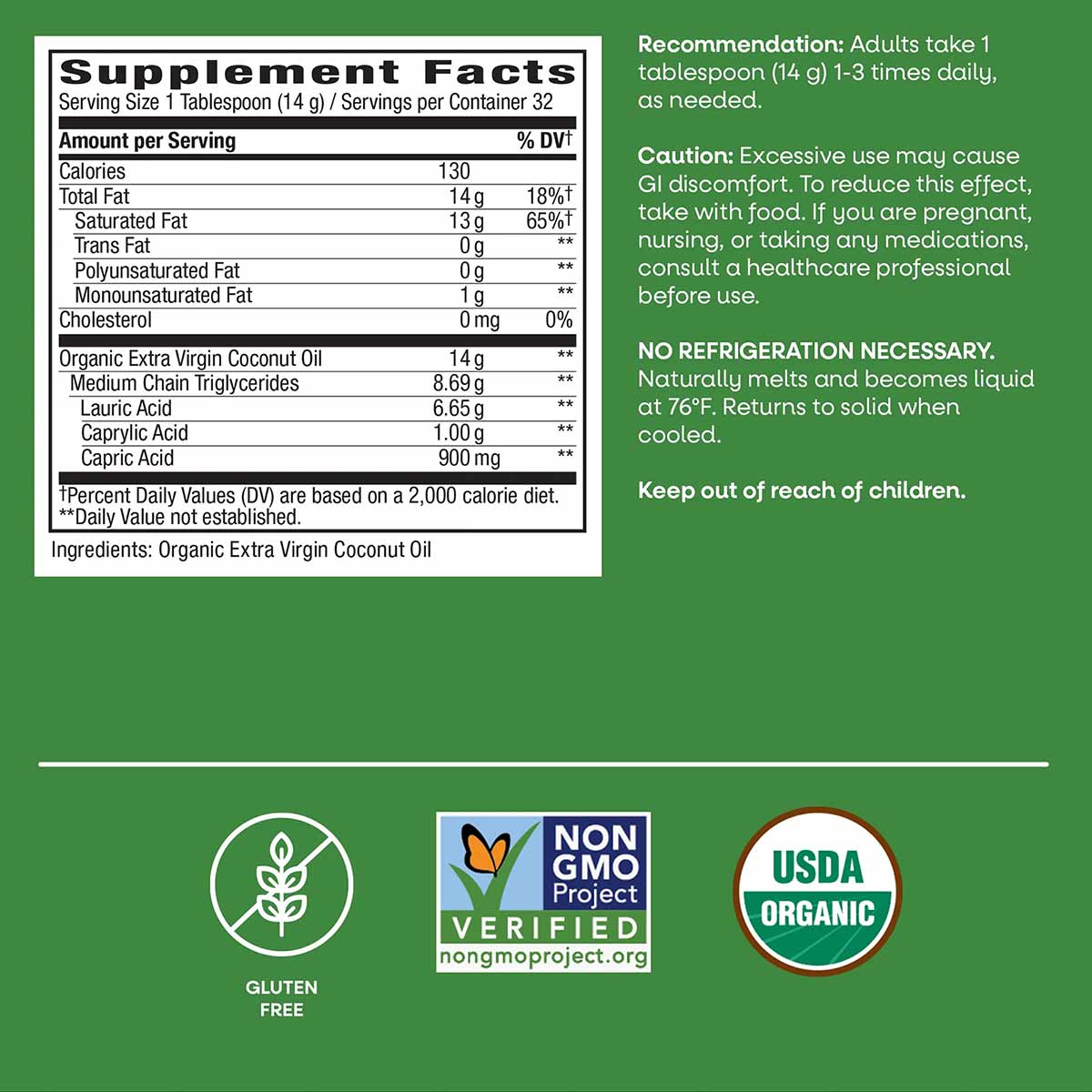 Supplement Facts label for organic extra virgin coconut oil showing nutritional information and serving size details on green