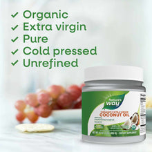 Jar of Nature's Way organic extra virgin coconut oil with white lid, 16 oz size, displayed with red apples in background.