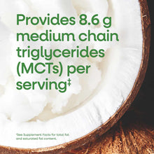 White coconut oil in a wooden bowl with green text listing nutritional information about medium chain triglycerides.