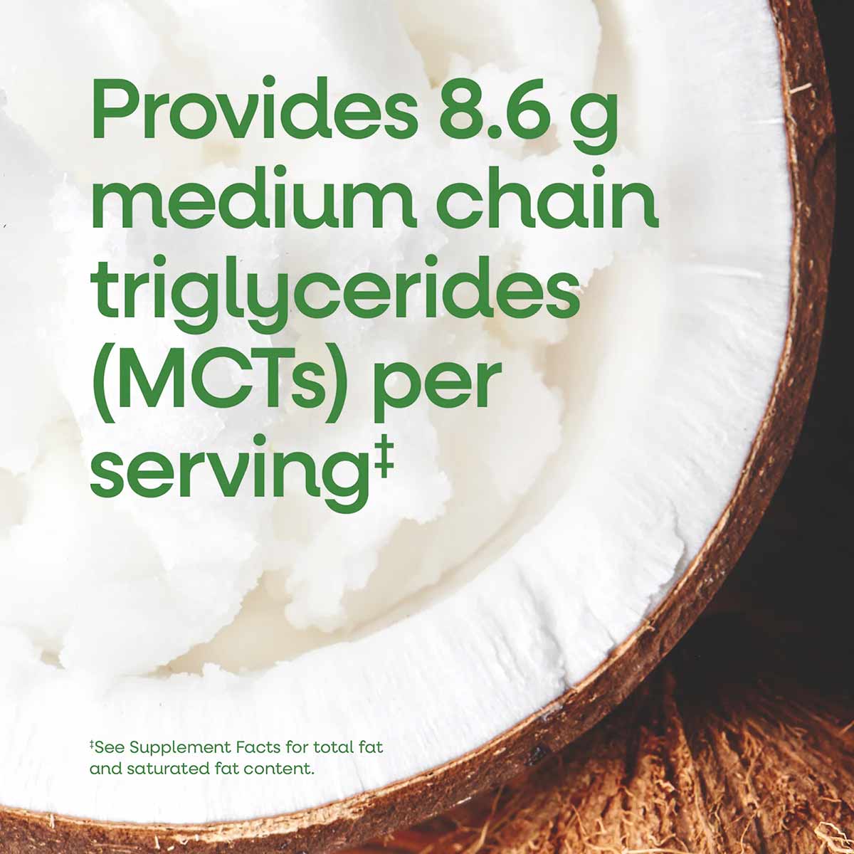 White coconut oil in a wooden bowl with green text listing nutritional information about medium chain triglycerides.