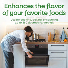 Person cooking in a modern kitchen with text about coconut oil uses and temperature specifications.