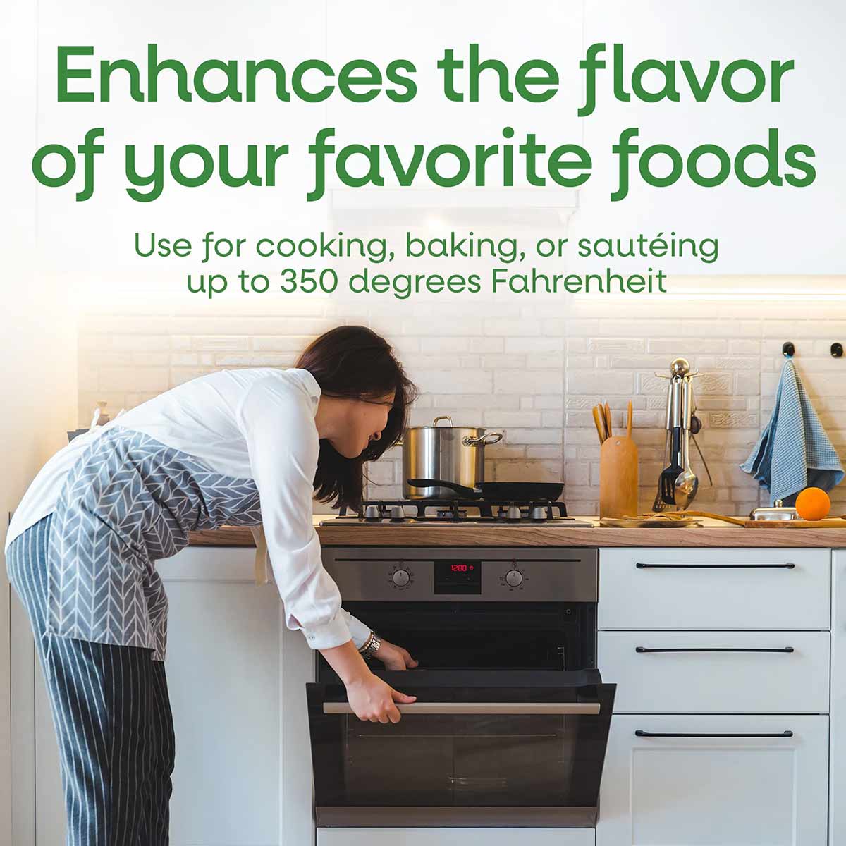 Person cooking in a modern kitchen with text about coconut oil uses and temperature specifications.
