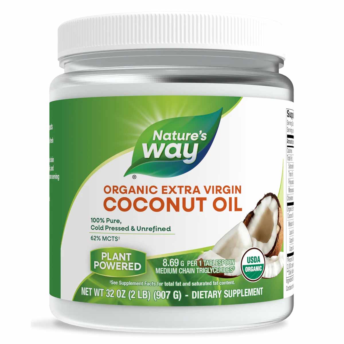 Jar of Nature's Way organic extra virgin coconut oil with white cap and green label showing coconut imagery and nutritional i