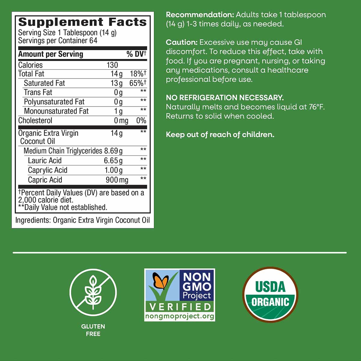 Supplement facts label for organic extra virgin coconut oil showing nutritional information, ingredients, and certifications 