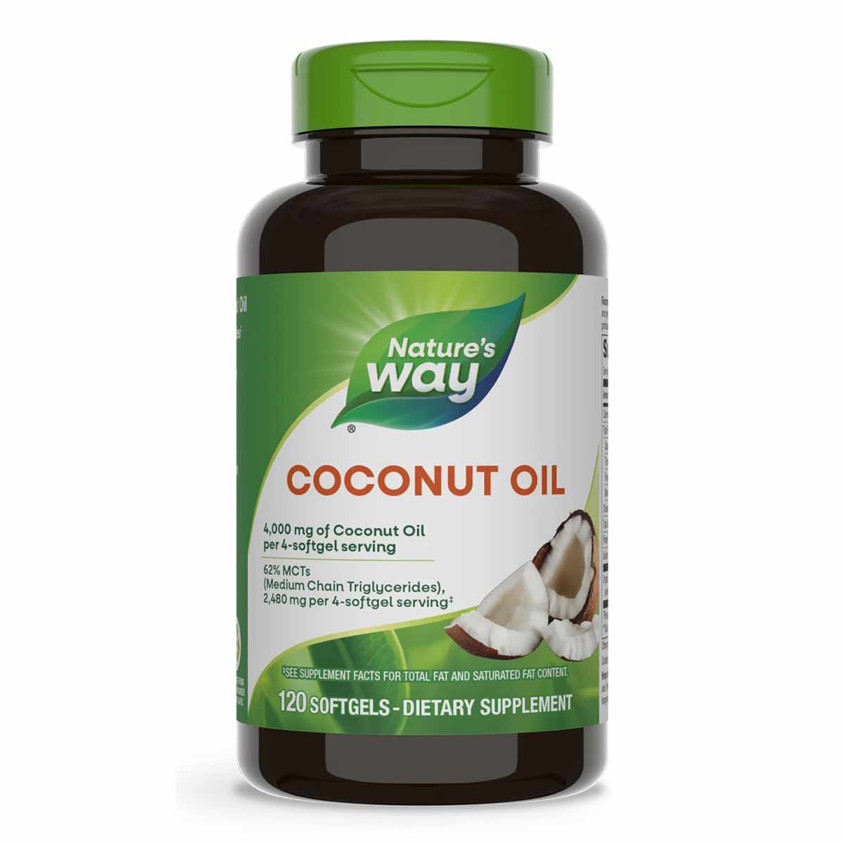 Nature's Way Coconut Oil dietary supplement bottle with green cap containing 120 softgels.