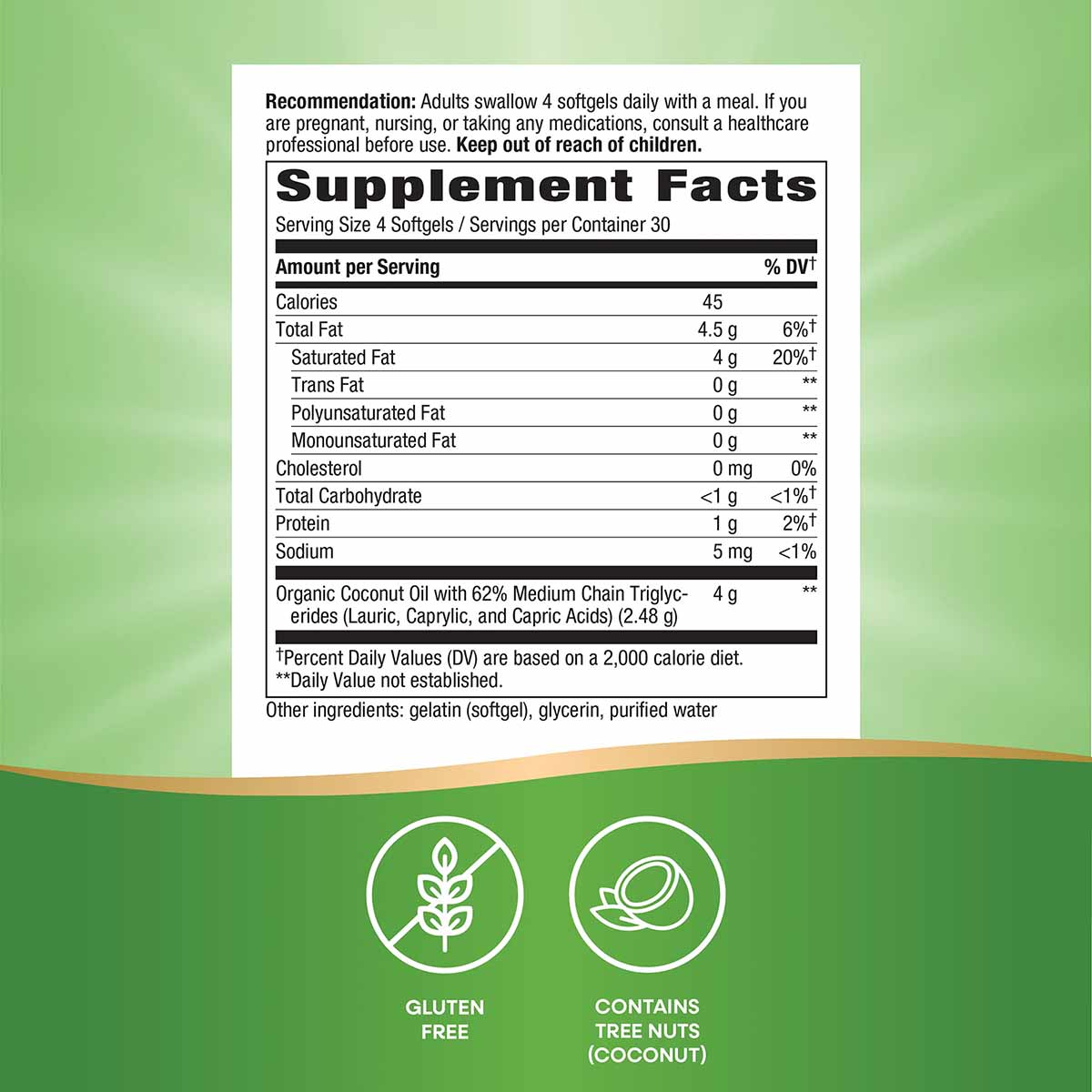 Supplement Facts label for coconut oil softgels with gluten-free and tree nut allergen icons on green background.