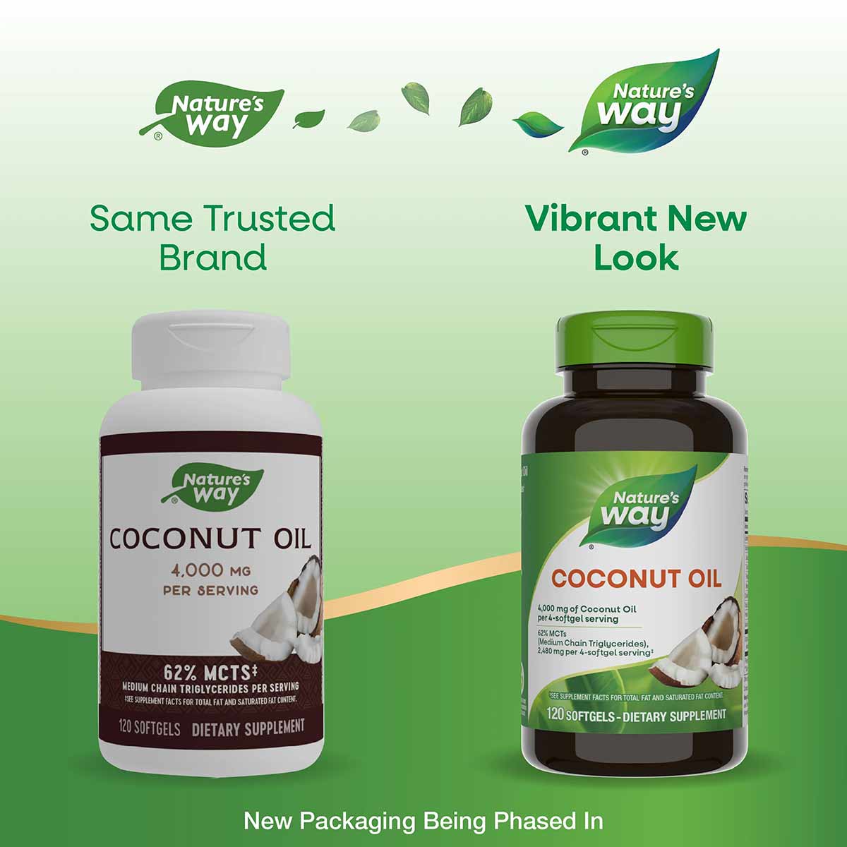 Two Nature's Way coconut oil supplement bottles side-by-side showing old white packaging and new green packaging design.