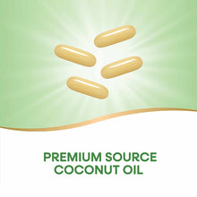 Four pale yellow oval softgel capsules on green background with "Premium Source Coconut Oil" text below.