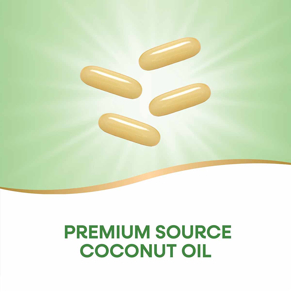 Four pale yellow oval softgel capsules on green background with "Premium Source Coconut Oil" text below.