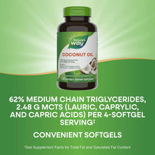 Nature's Way Coconut Oil bottle with green cap containing 120 softgels on green gradient background.
