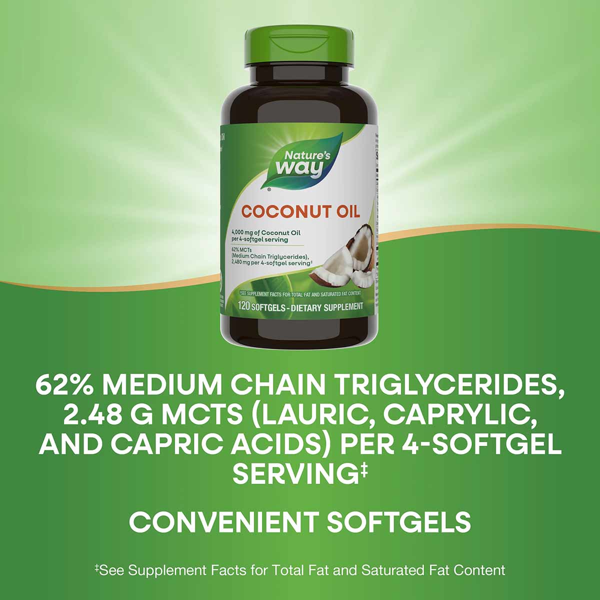Nature's Way Coconut Oil bottle with green cap containing 120 softgels on green gradient background.