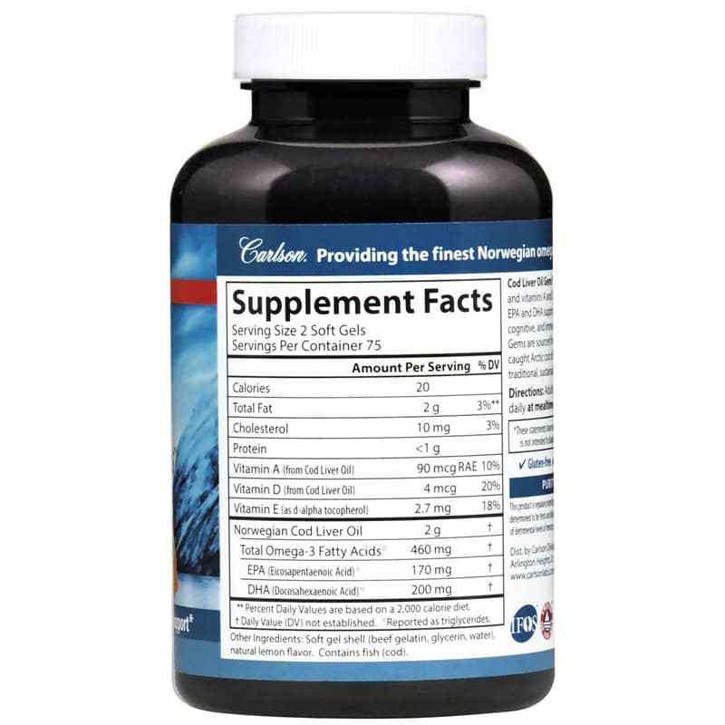 Cod Liver Oil Gems 460 Mg Omega-3s with Natural Lemon Flavor, 150 Softgels, by Carlson Labs, image #2