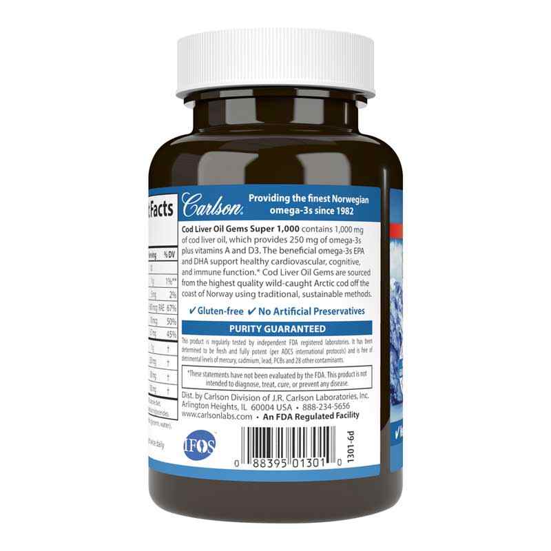 Cod Liver Oil Gems Super 1000 Mg, 250 Softgels, by Carlson Labs, image #3