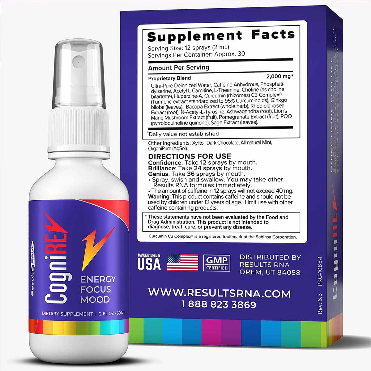 CogniREV 2 oz spray bottle with purple box packaging displaying supplement facts and directions for use.