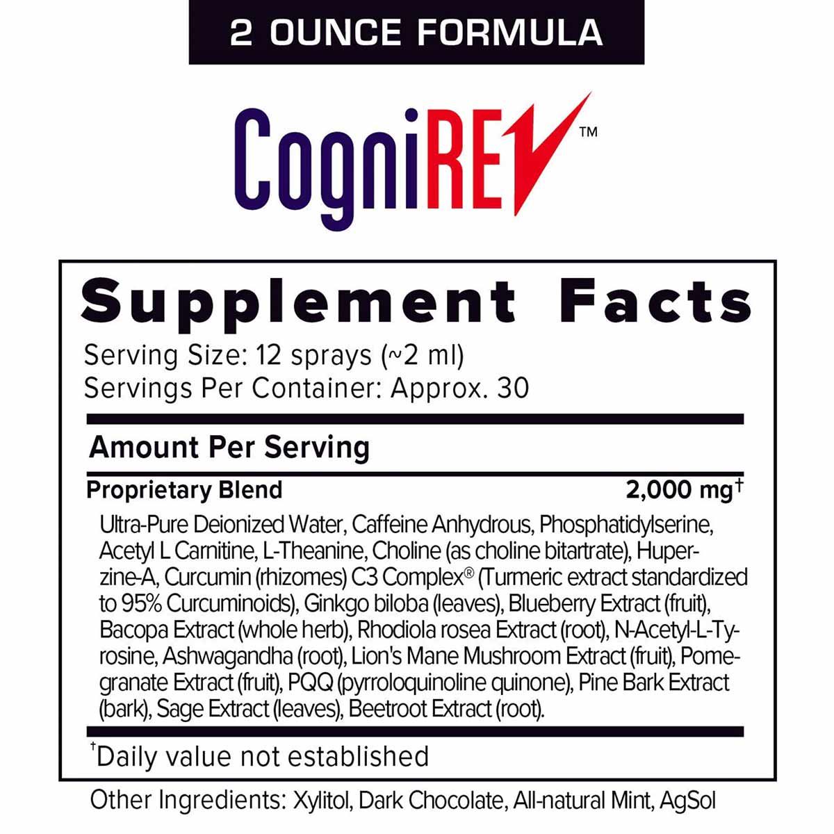 CogniREV 2 ounce spray bottle supplement with proprietary blend formula and supplement facts label visible.