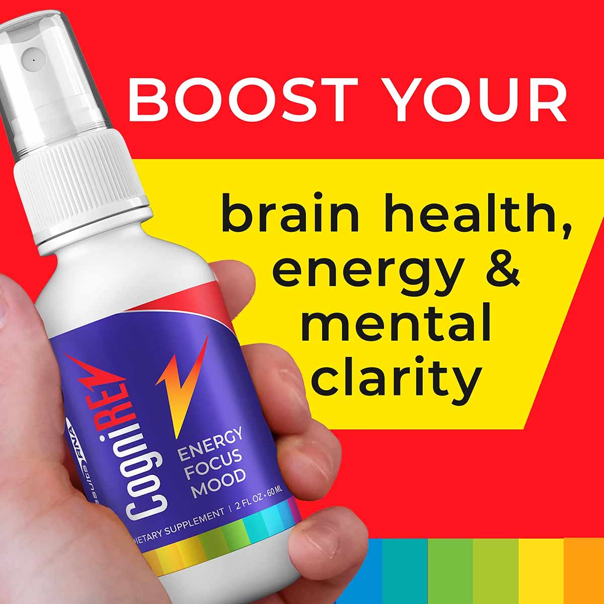 White spray bottle with blue label held in hand against red and yellow background.