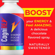 White and blue bottle labeled "CogniREV" with lightning bolt graphic, 2 fl oz dietary supplement spray.