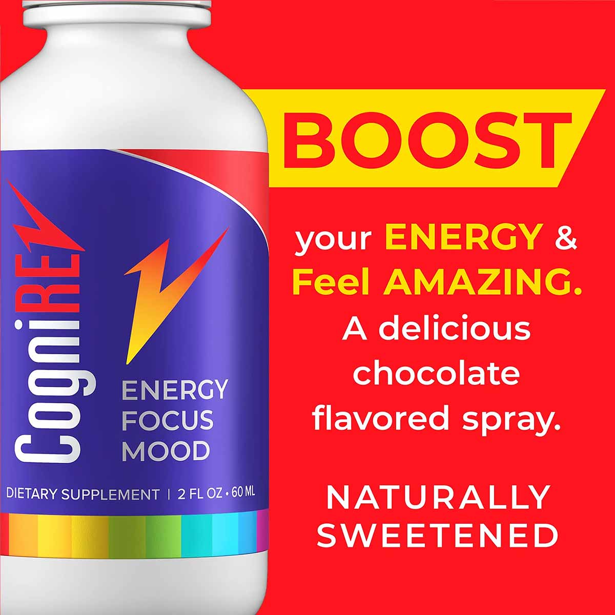 White and blue bottle labeled "CogniREV" with lightning bolt graphic, 2 fl oz dietary supplement spray.