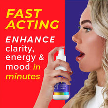 White spray bottle with purple label held by woman with blonde hair against red and blue background.