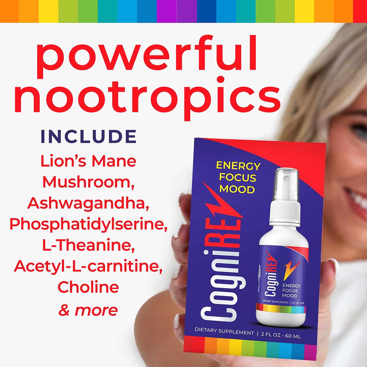 CogniREV 2 oz spray bottle with purple and red label held by person, displaying nootropic ingredients list and rainbow color 