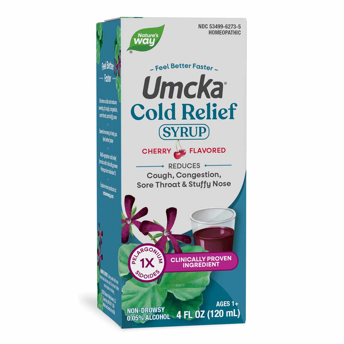 Nature's Way Umcka Cold Relief cherry-flavored syrup box, 4 fl oz, with purple flower and syrup cup imagery.