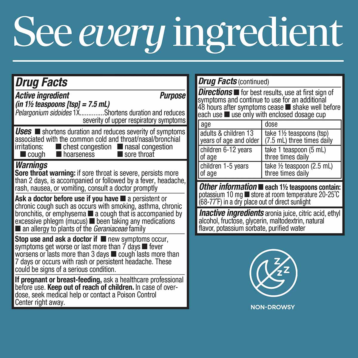 Bottle label showing drug facts, ingredients, dosage directions, and warnings for cherry-flavored cold syrup relief with Umck