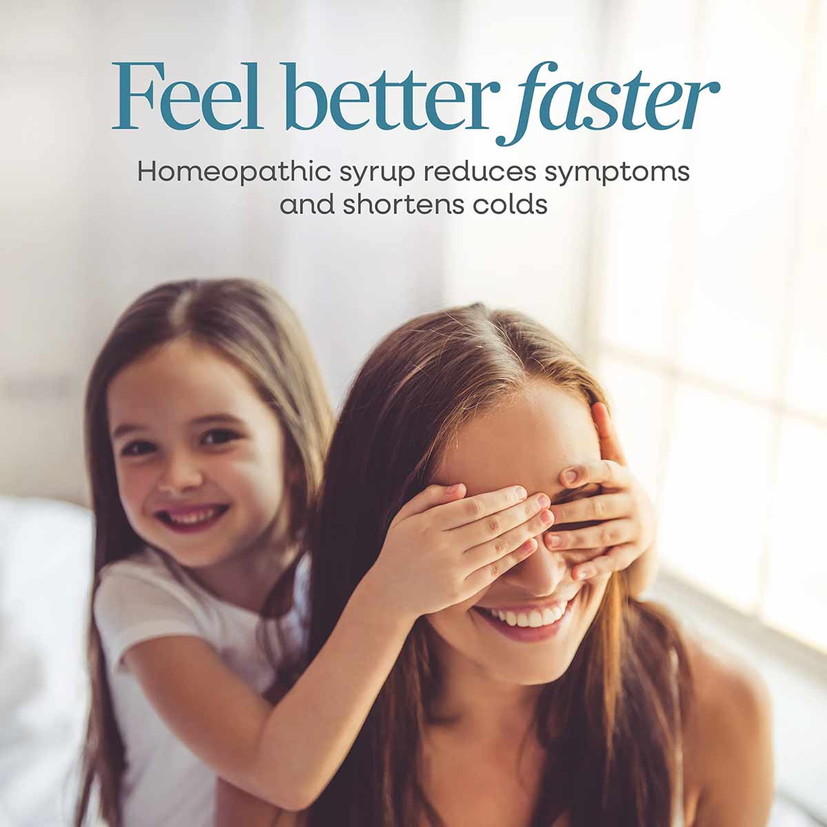 Woman and child smiling indoors with text about cold syrup relief remedy.