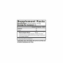 Supplement Facts label for collagen powder showing 30 servings per container with 9g protein and multi-collagen blend ingredi
