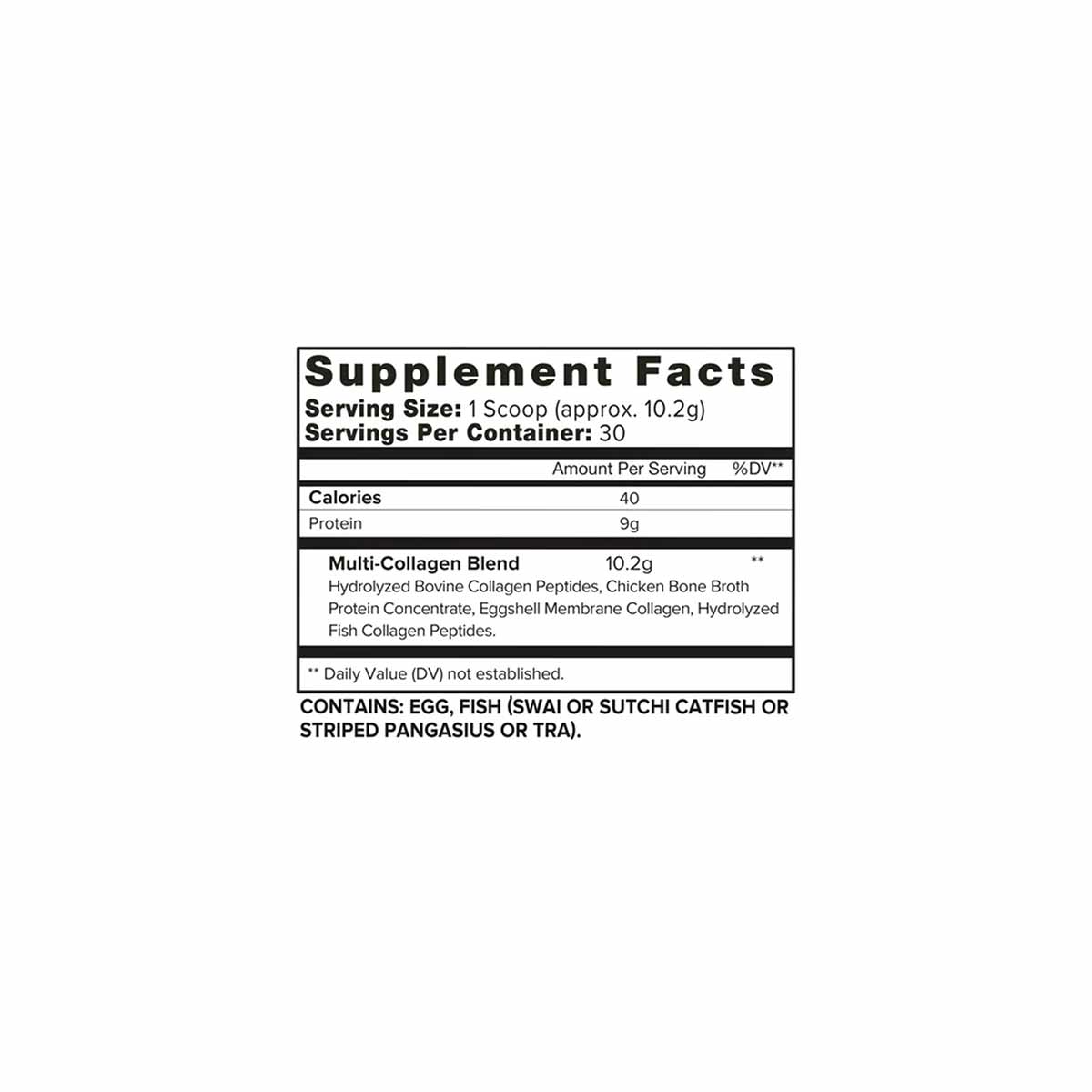 Supplement Facts label for collagen powder showing 30 servings per container with 9g protein and multi-collagen blend ingredi