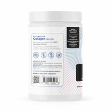 White container of Organifi unflavored collagen protein powder with white cap and product information label.