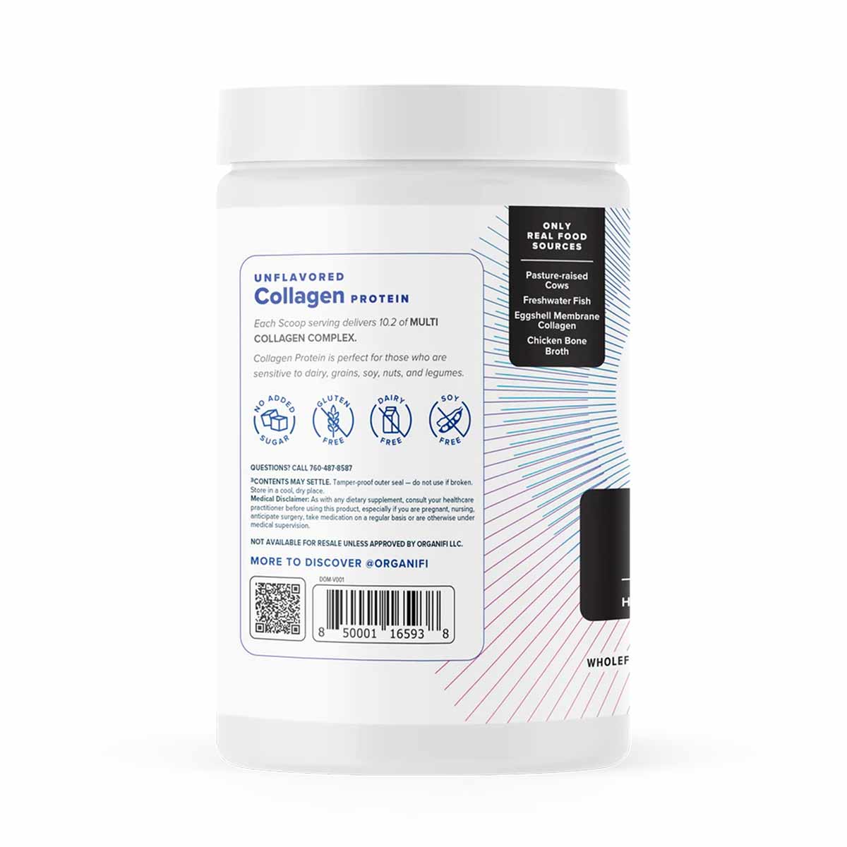 White container of Organifi unflavored collagen protein powder with white cap and product information label.