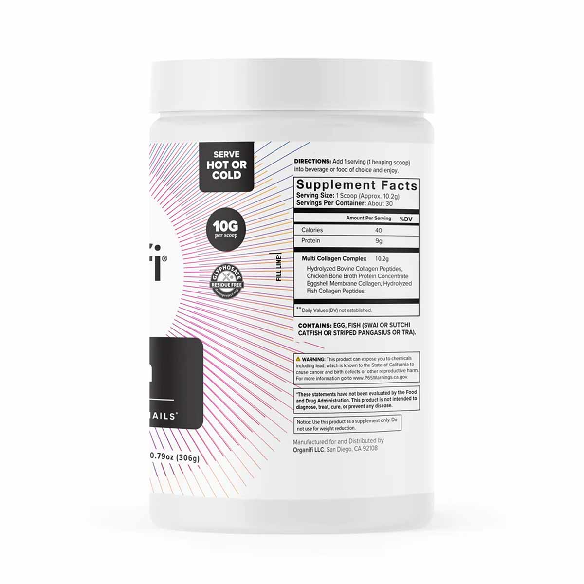 White cylindrical jar of Organifi collagen powder with colorful striped design and supplement facts label.
