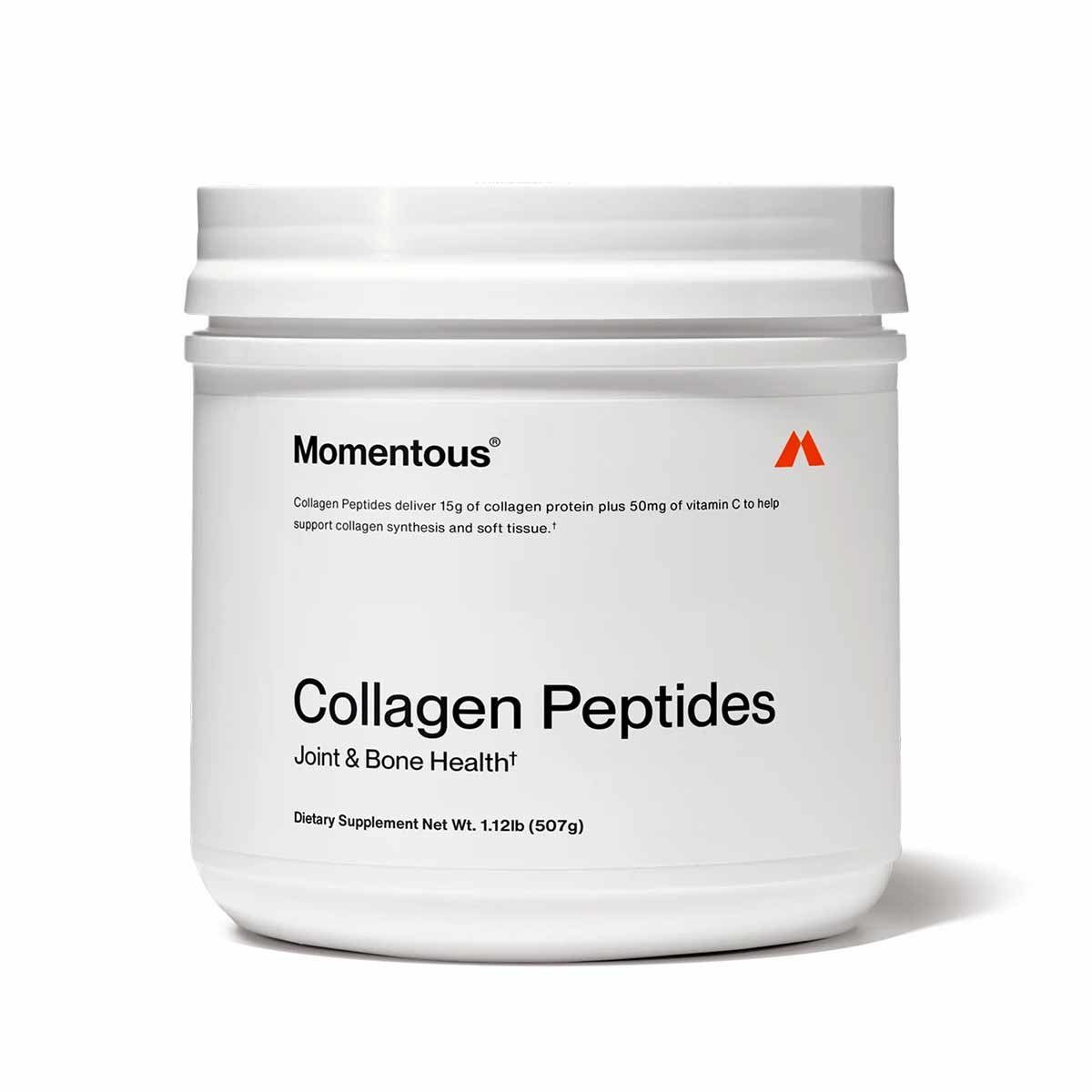 White jar of Momentous Collagen Peptides dietary supplement powder, 507g container with black text and red logo.