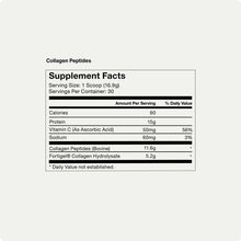 Supplement Facts label for Collagen Peptides showing serving size, calories, protein, vitamins, and ingredient amounts per se