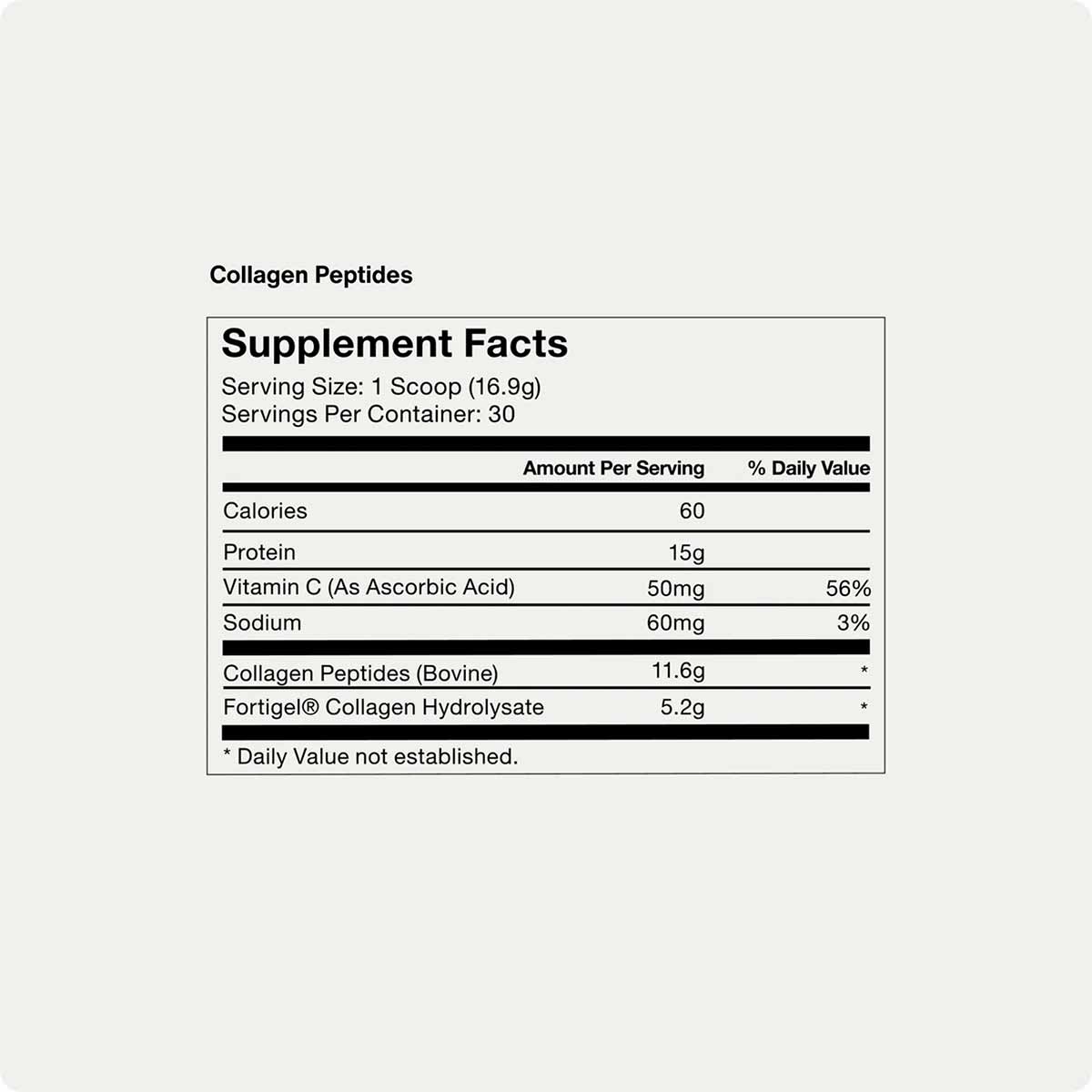 Supplement Facts label for Collagen Peptides showing serving size, calories, protein, vitamins, and ingredient amounts per se