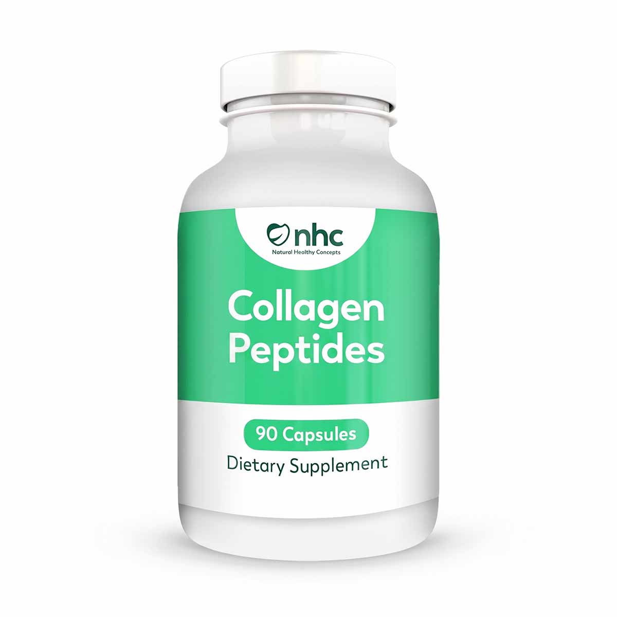 White and green bottle of collagen peptides dietary supplement capsules with NHC logo, containing 90 capsules.