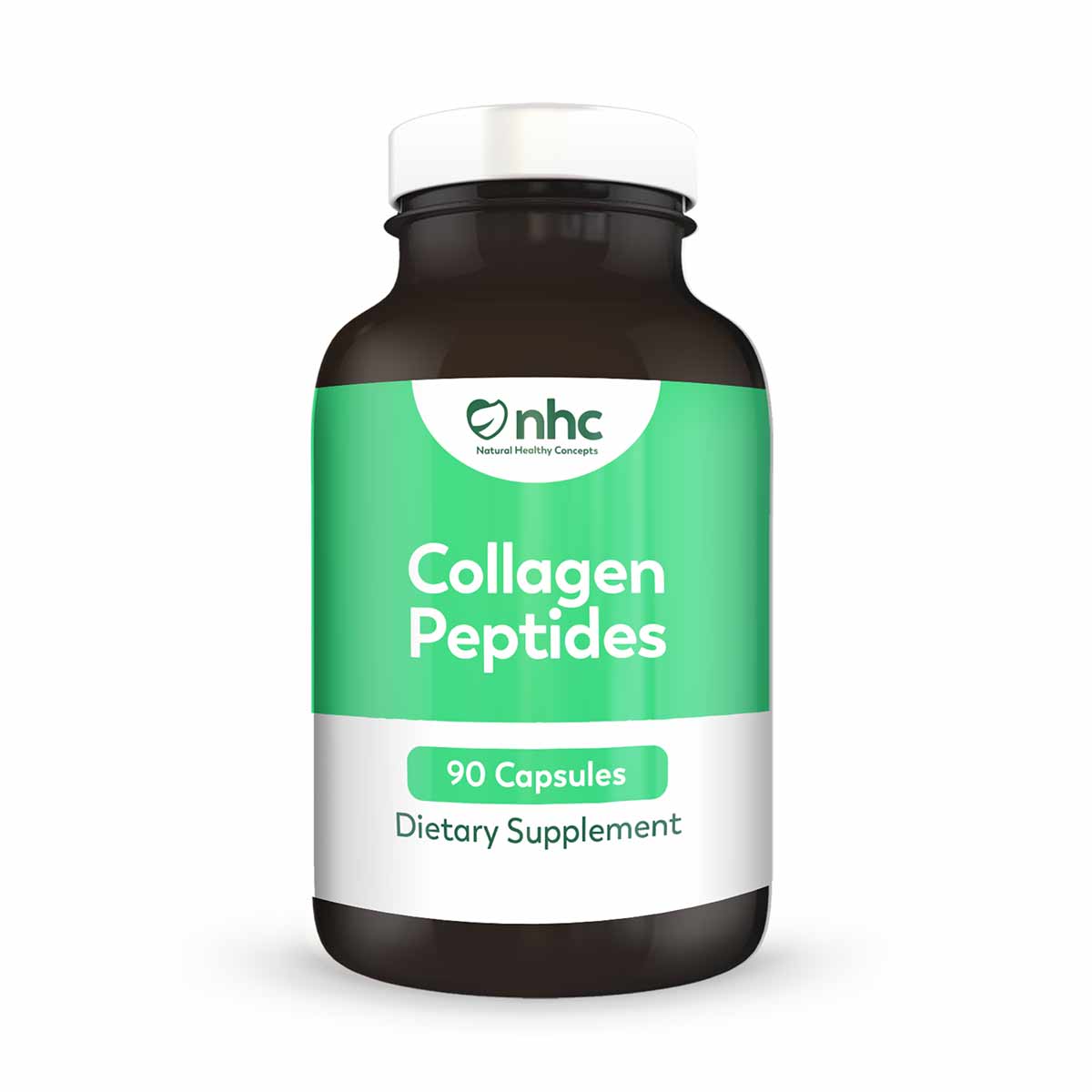 Dark glass bottle with white and green label reading "Collagen Peptides, 90 Capsules, Dietary Supplement" by nhc.