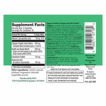 Supplement Facts label for collagen peptides capsules showing ingredients, serving size, and product information on green bac